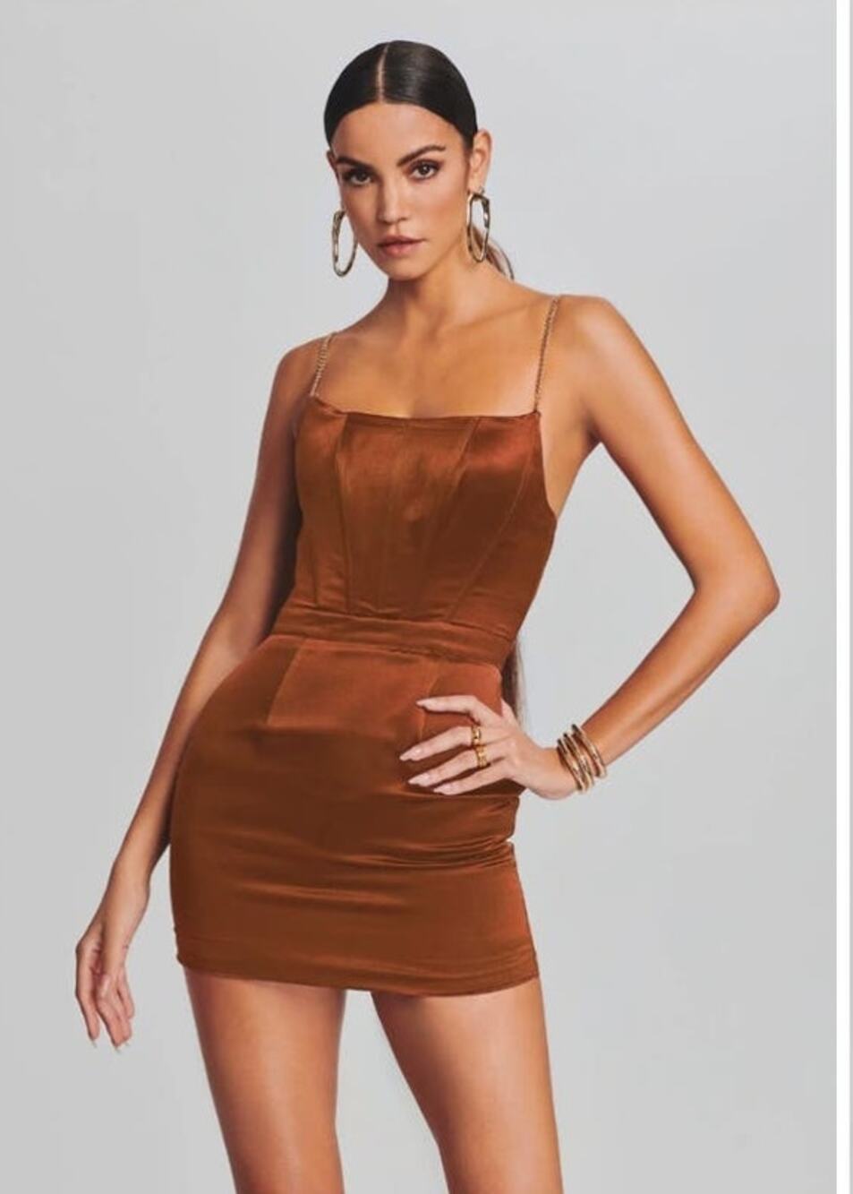 Retrofete Easton Mini Dress in Cognac Brown Size Large NWT Chain Straps